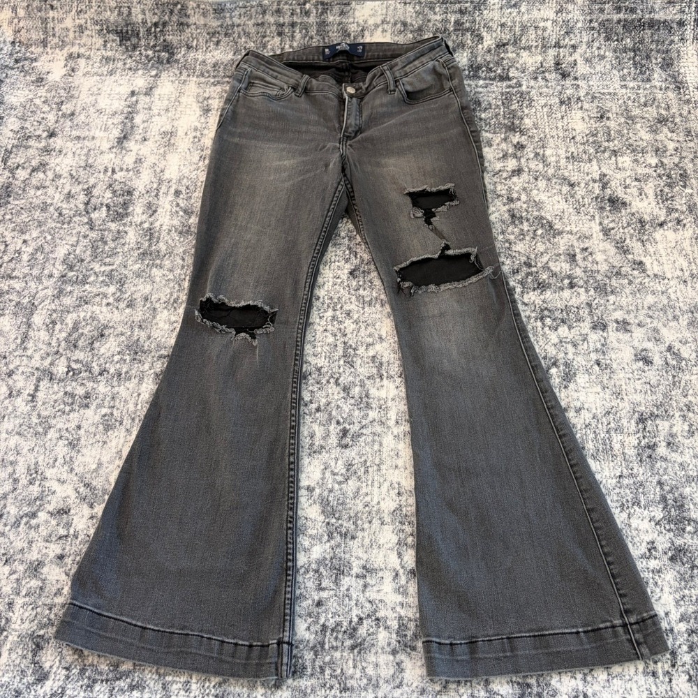 Hollister High-Rise Flare Jeans Womens 9R W29 L31 Grey Distressed Soft Stretch